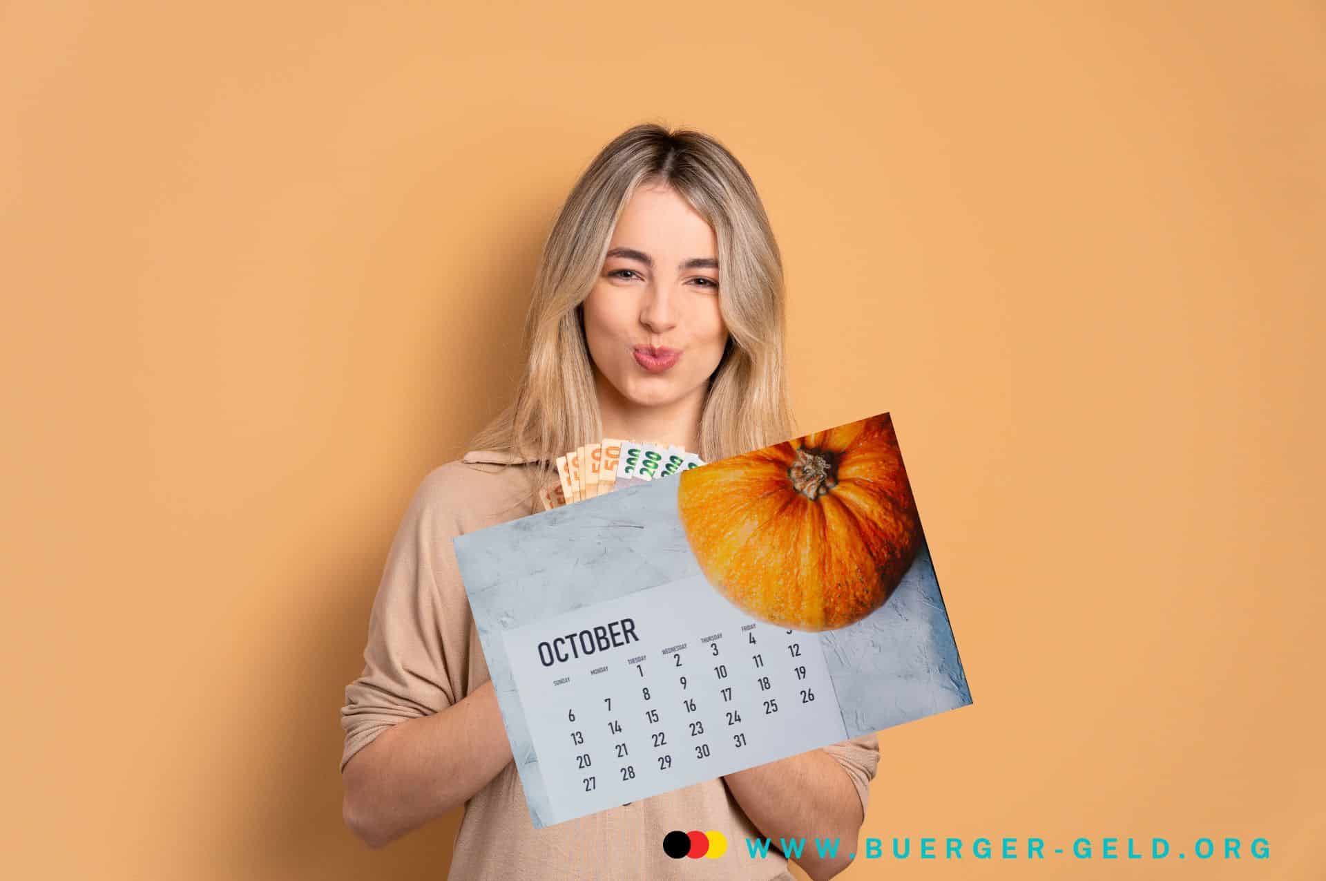 Auszahlungstermine Tabelle Oktober 2024 - Bürger & Geld 2 Frau freut sich mit Geld in der Hand und Kalenderblatt Oktober