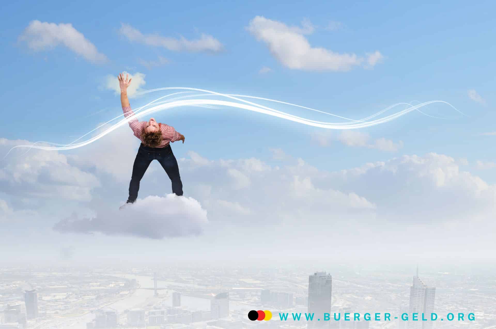 Verzicht auf Bürgergeld unwirksam, wenn Einkommensberechnung umgangen wird 2 Mann in den Wolken hebt abwehrend eine Hand gegen den Wind.