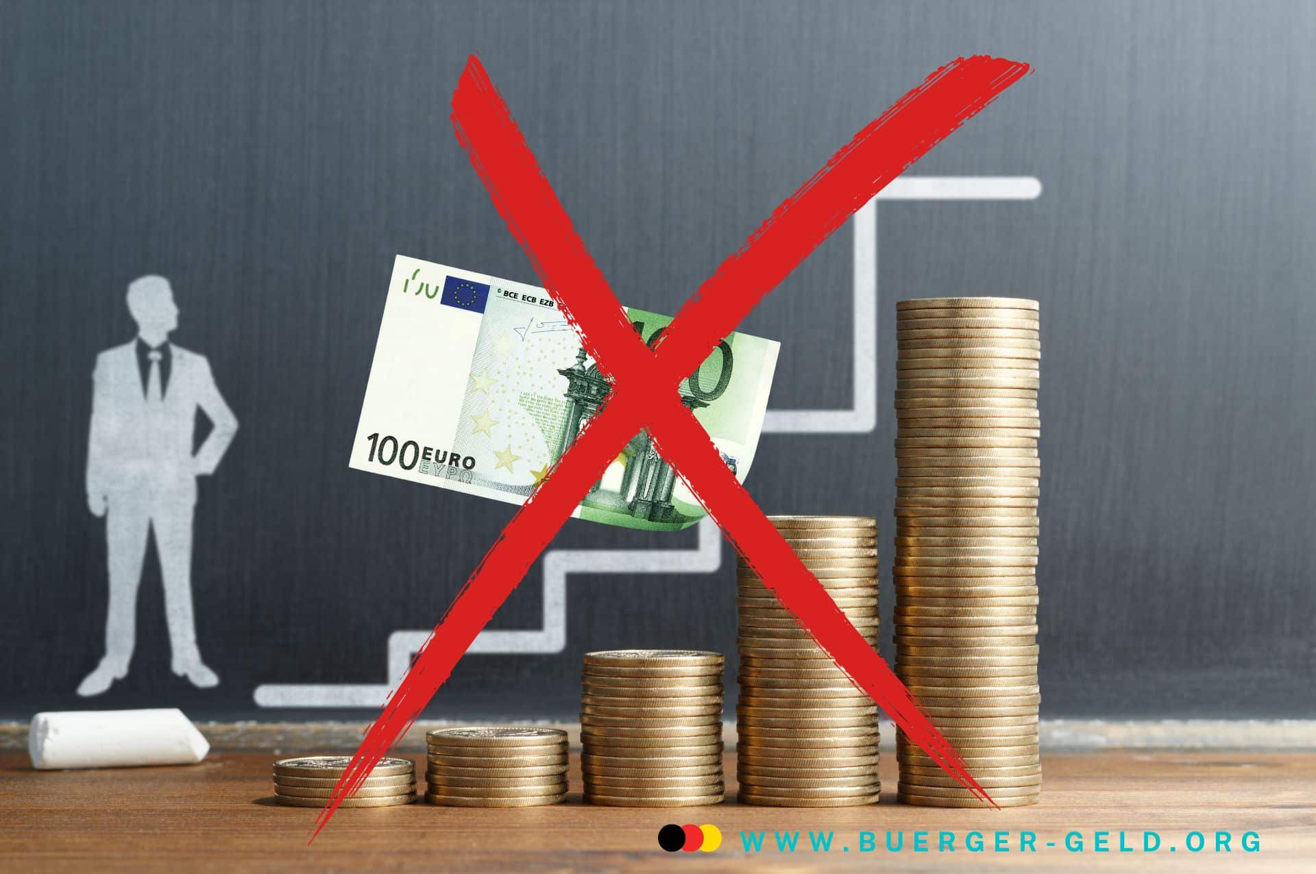Bürgergeld 2025 mit Tabelle: nicht mehr Geld – keine Erhöhung?! 2 Münzstapel mit rotem Kreuz durchgestrichen