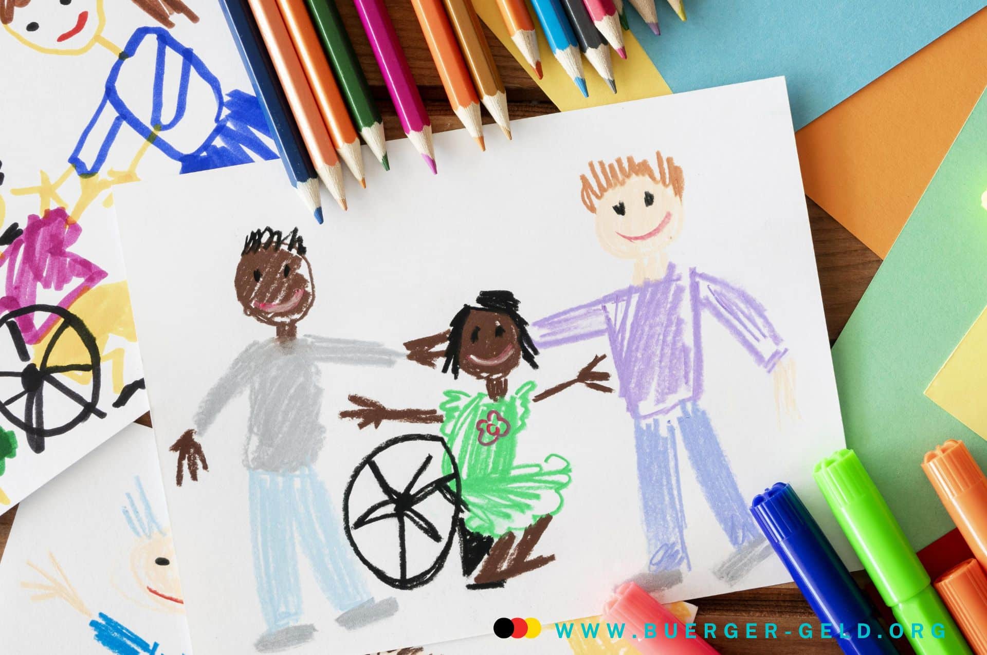 Schwerbehinderung 2025: Wichtige Änderungen und Neuerungen im Überblick 2 gezeichnetes Bild von einem schwerbehinderten Mädchen im Rollstuhl, das von zwei anderen Kindern umarmt wird