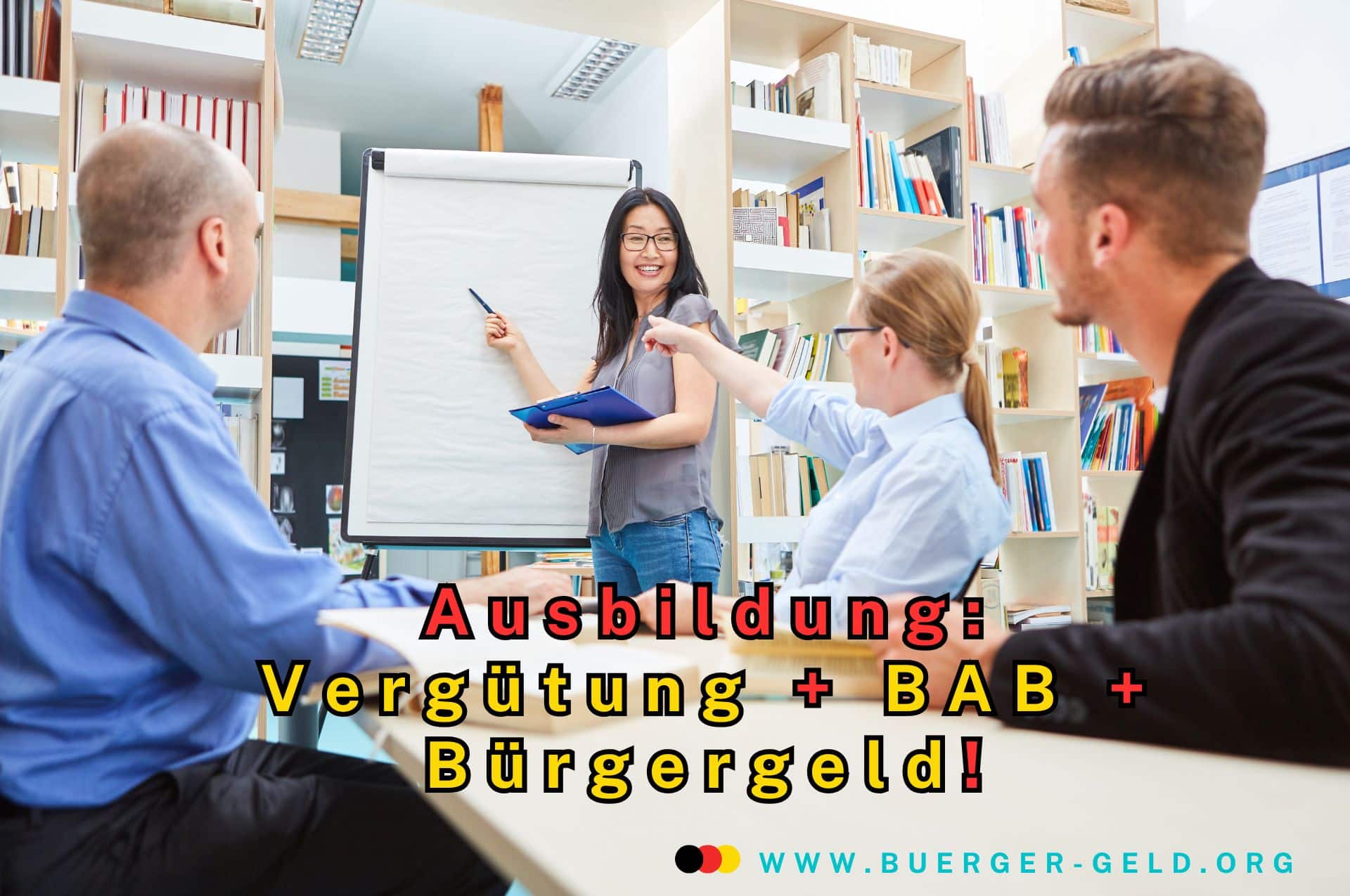 Bürgergeld für Auszubildende (Azubis) mit Ausbildungsvergütung und BAB? 2 Jugendliche schauen zum Schaubild