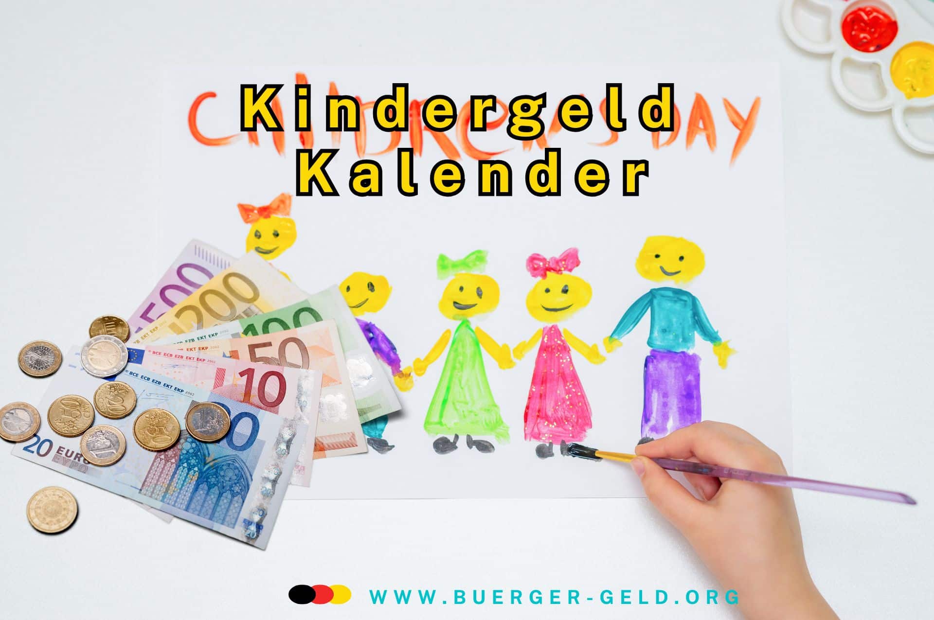 Neue Kindergeld Auszahlungstermine 2025 - dann kommt das Geld aufs Konto 2 Kinder auf Malblock gemalt
