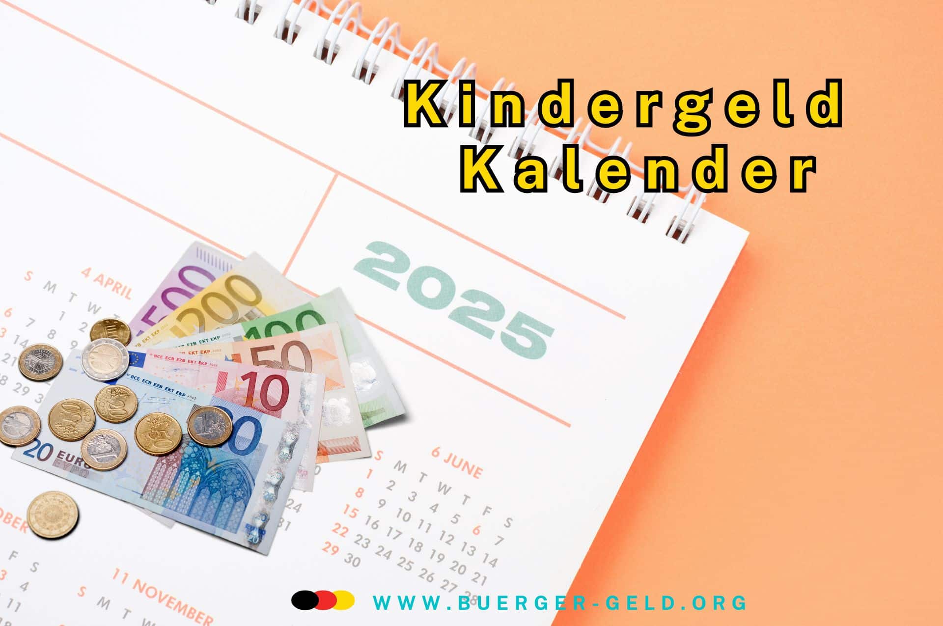 Kalender 2025 auf dem Geld liegt