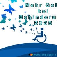 Bürgergeld 2025: Mehrbedarf bei Schwerbehinderung - Tabellen und Ansprüche 5 Symbol Rollstuhlfahrer auf blauem Berg, Schmetterlinge