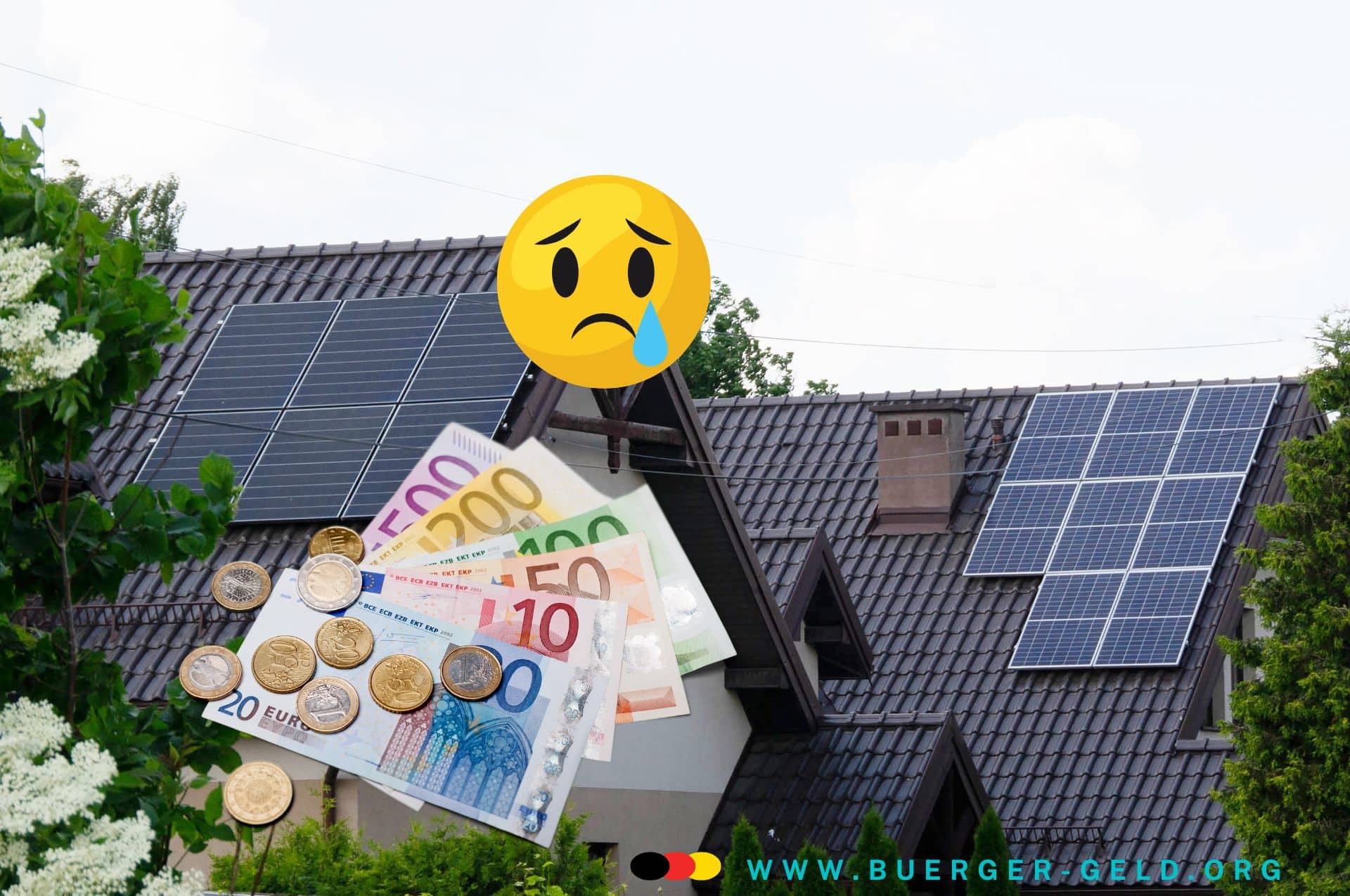 Solaranlage auf Dach mit traurigem Emoji