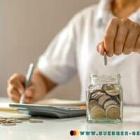 10 bewährte Tipps: Einfach Geld im Alltag sparen ohne Verzicht 5 Eine Frauenhand legt eine Münze in ein Glas das mit Münzen gefüllt ist.