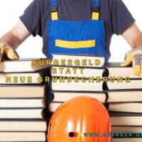 Bürgergeld abschaffen? Ist eine Neue Grundsicherung besser? Reform wohin? 5 Mann mit Arbeitshandschuhen vor Bücherstapel