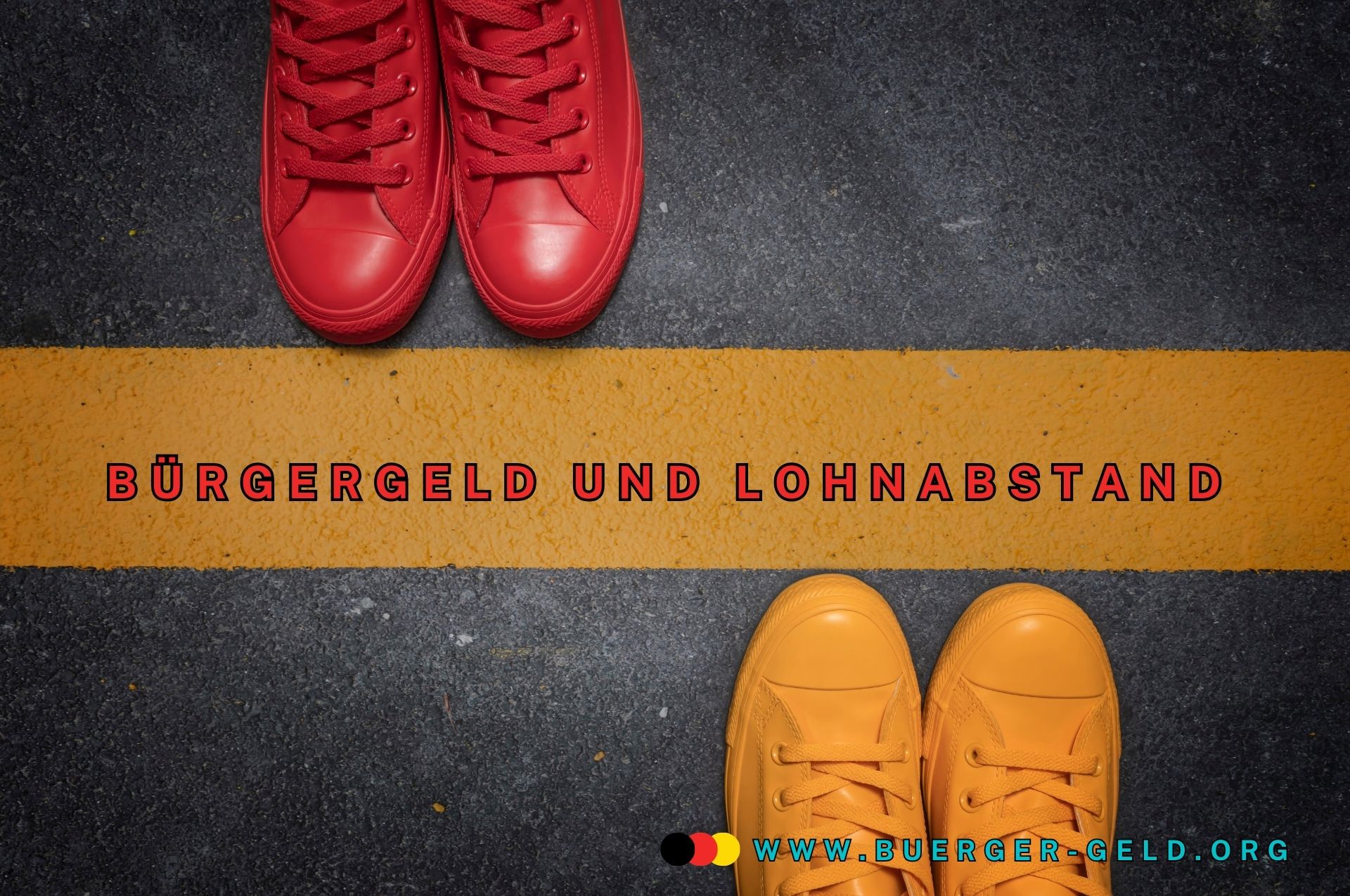 Bürgergeld und Lohnabstand: Was ist mit dem Mindestlohn 2 rote und gelbe Schuhe stehen sich an gelbem Streifen gegenüber