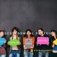 Parteien zu Bürgergeld und Rente: Tabelle zu Reformen nach der Wahl 4 junge Leute mit Aktionsplakaten zur Wahl 2025