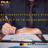 Koalitionsvertrag 2025 im Bereich Bürgergeld und Soziales von CDU - SPD 5 Mann im Anzug unterzeichnet Vertrag