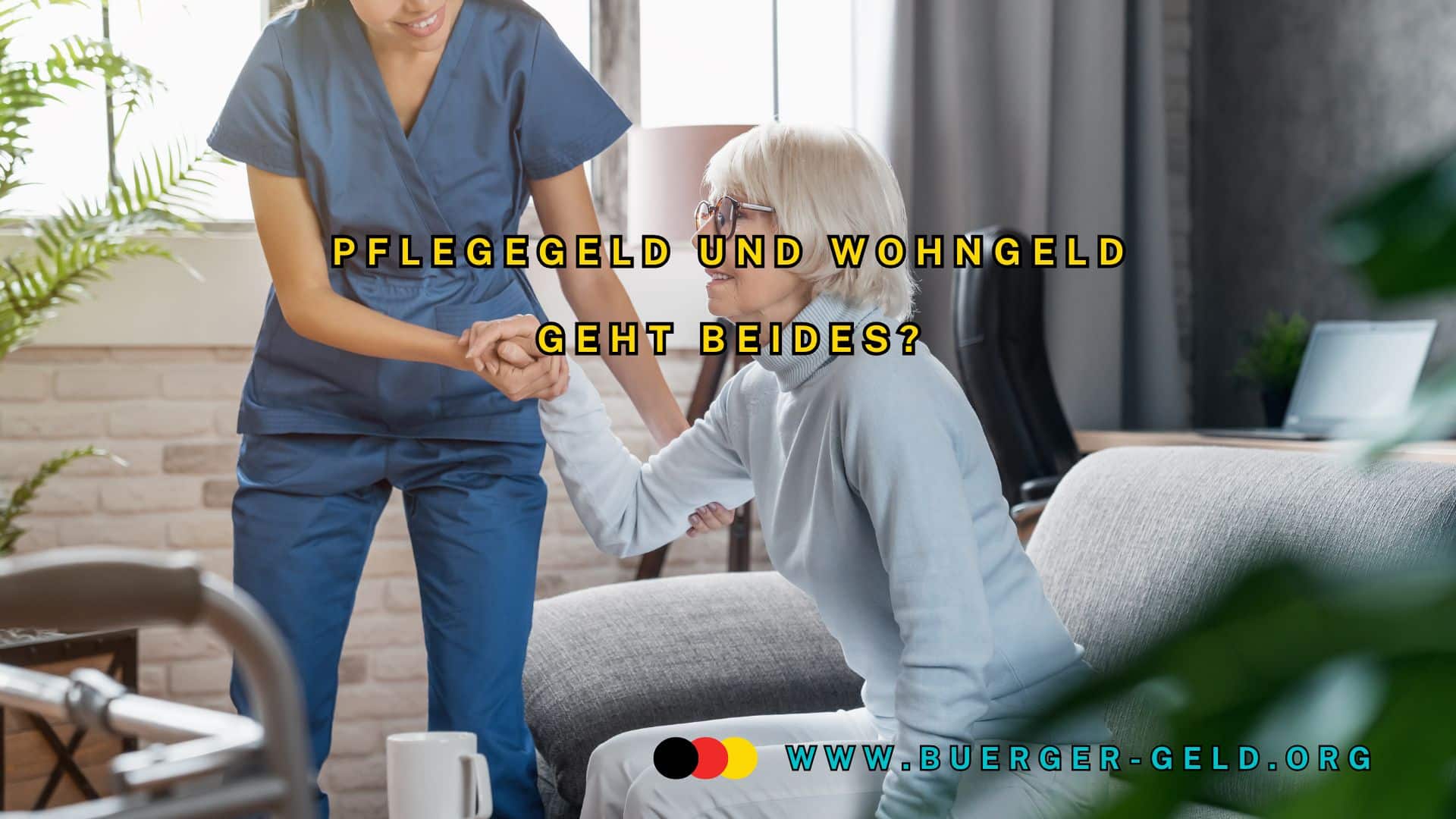 Pflegeperson mit pflegebedürftiger Frau zu Hause.