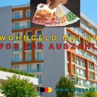 Wohngeld Mai 2025: Auszahlung Mietzuschuss ! 4 hohes Mehrfamilienhaus mit Geldscheinen vom Himmel