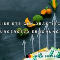 Bürgergeld sofort erhöhen, Lebensmittelpreise drastisch gestiegen! 4 Geldscheine und Gemüse, Pfeile, die nach oben zeigen