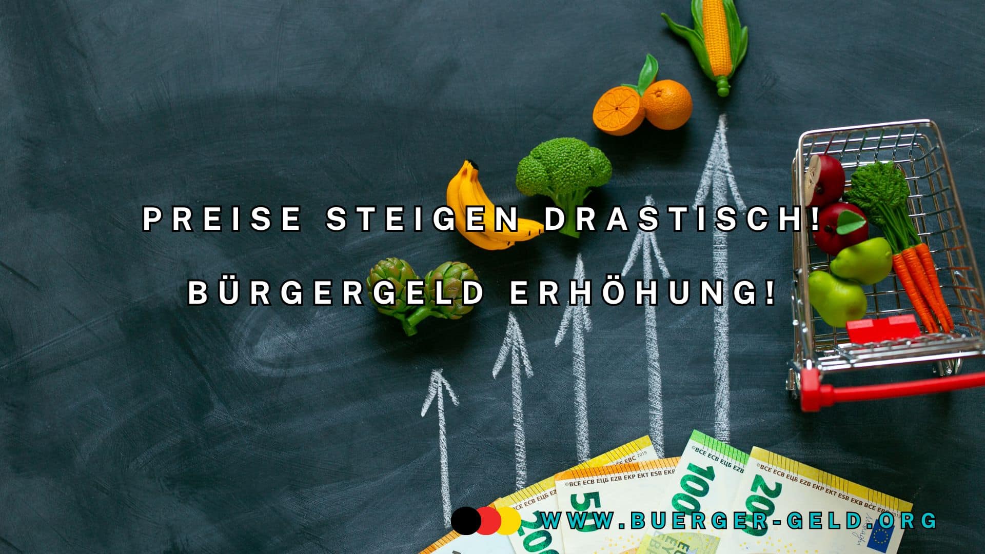 Geldscheine und Gemüse, Pfeile, die nach oben zeigen