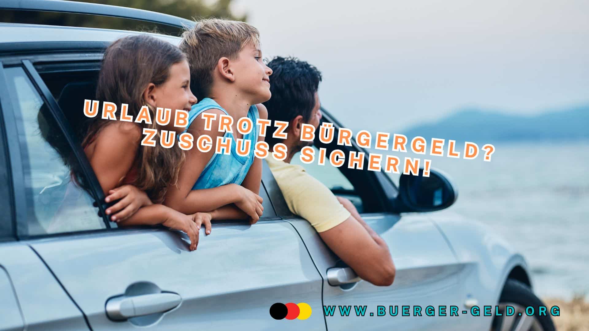 Zwei Kinder und Vater blicken aus Autofenster zum Meer