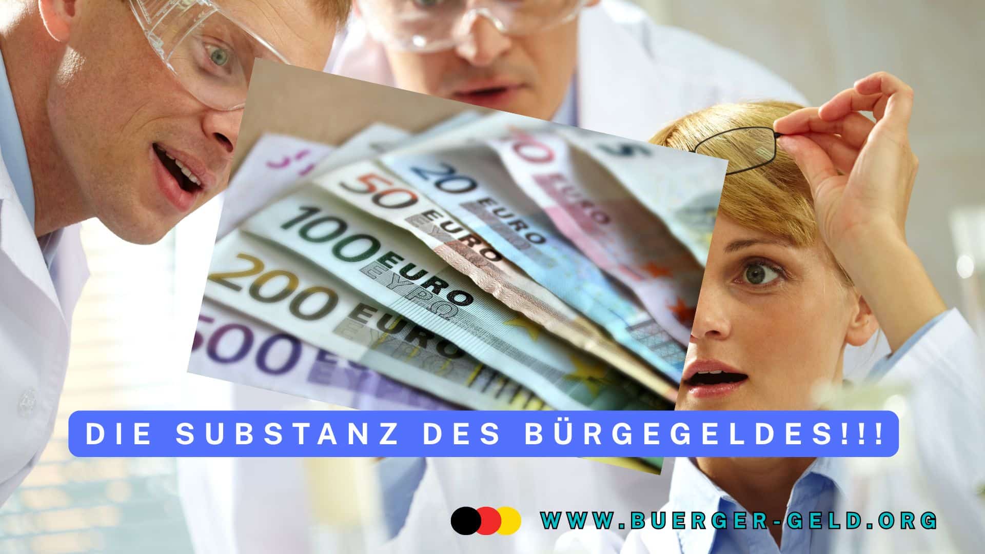 drei Menschen im weißen Kittel und mit Schutzbrille bestaunen Euro-Scheine