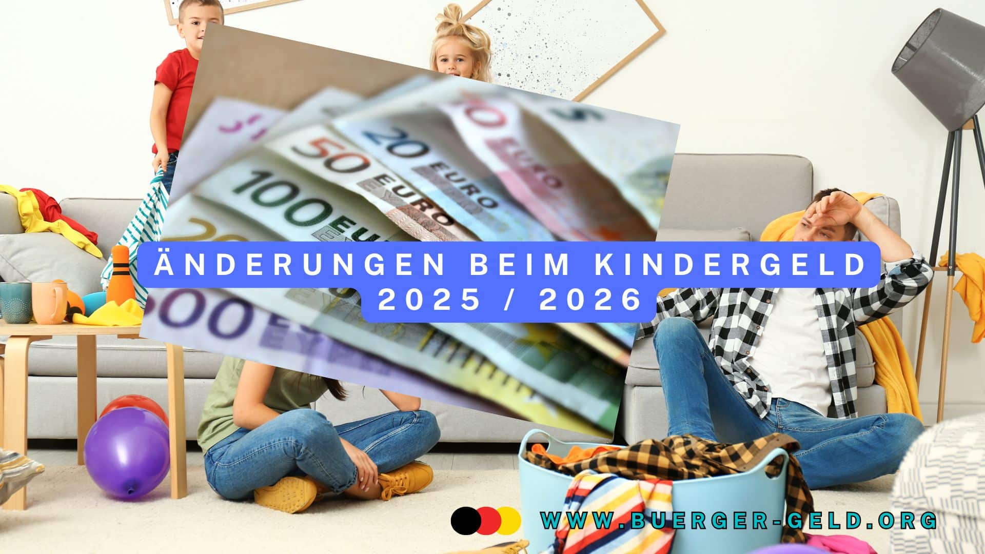 tobende Kinder, erschöpfte Eltern, Euroscheine