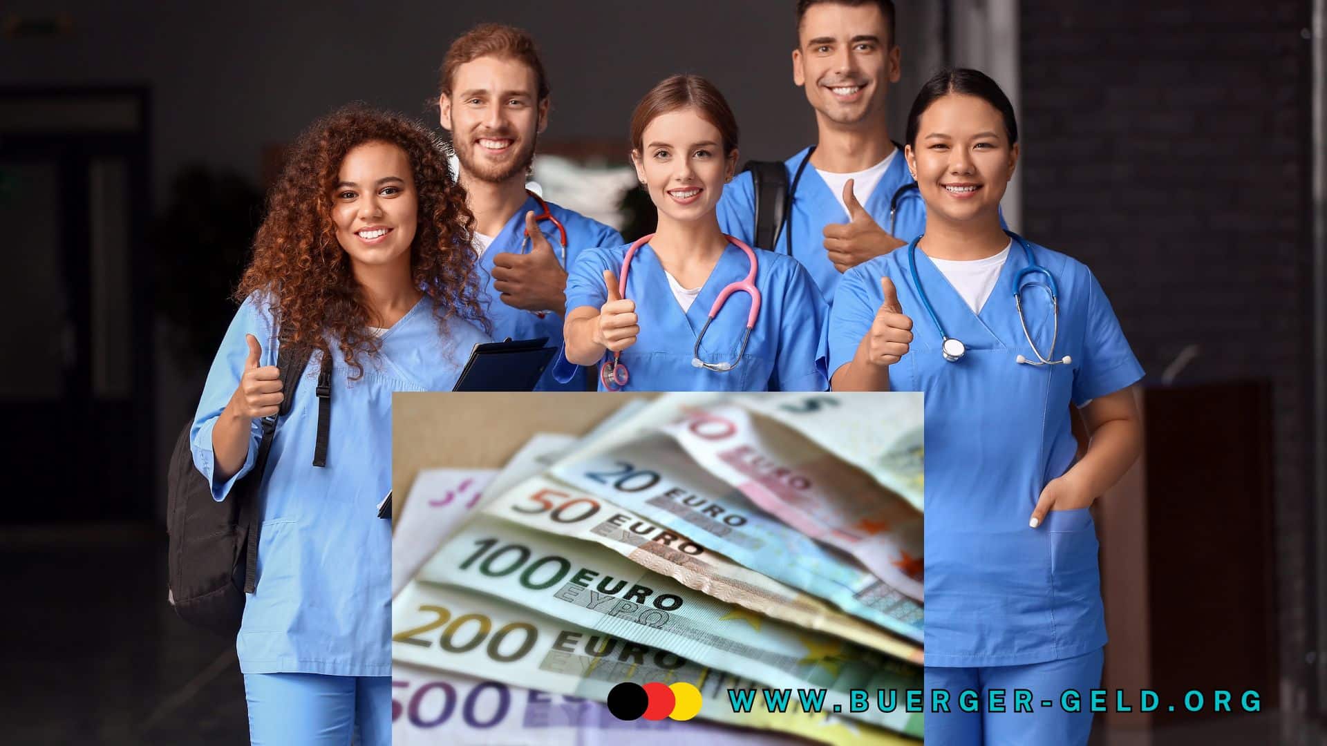 Pflegerinnen und Pfleger mit Daumen hoch über Euro-Scheinen