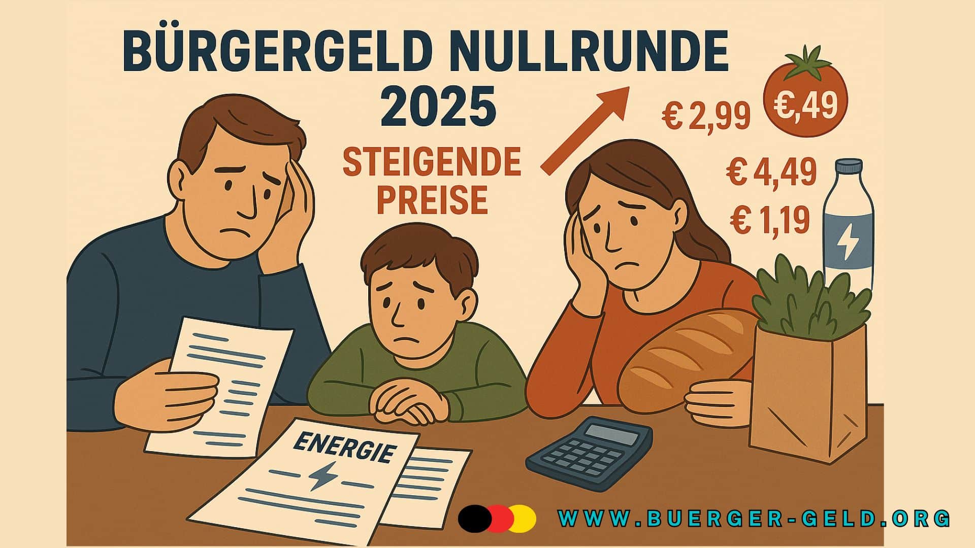 Familie sitzt am Küchentisch und blickt besorgt auf Rechnungen und Unterlagen; im Hintergrund Symbol für steigende Lebenshaltungskosten und Bürgergeld Nullrunde 2025.