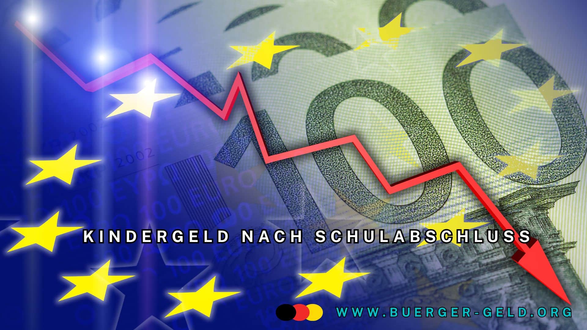 Grafik zur Bürgergeld-Überweisung in Gefahr: Ein fallender roter Kurs-Pfeil verläuft über einen 100-Euro-Schein, umgeben von gelben EU-Sternen. Die Bildkomposition symbolisiert finanzielle Unsicherheit und mögliche Verzögerungen bei Überweisungen durch eine neue EU-Verordnung.