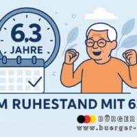 Wer kann noch mit 63 in Rente gehen? Alle Fakten für 2025 4 Illustration zum Thema „Rente mit 63“: Eine Personenfigur steht vor einem Kalender und einer großen Uhr, Symbole für den vorzeitigen Ruhestand und den Renteneintritt mit 63 Jahren. Die Gestaltung ist modern und übersichtlich im Querformat.