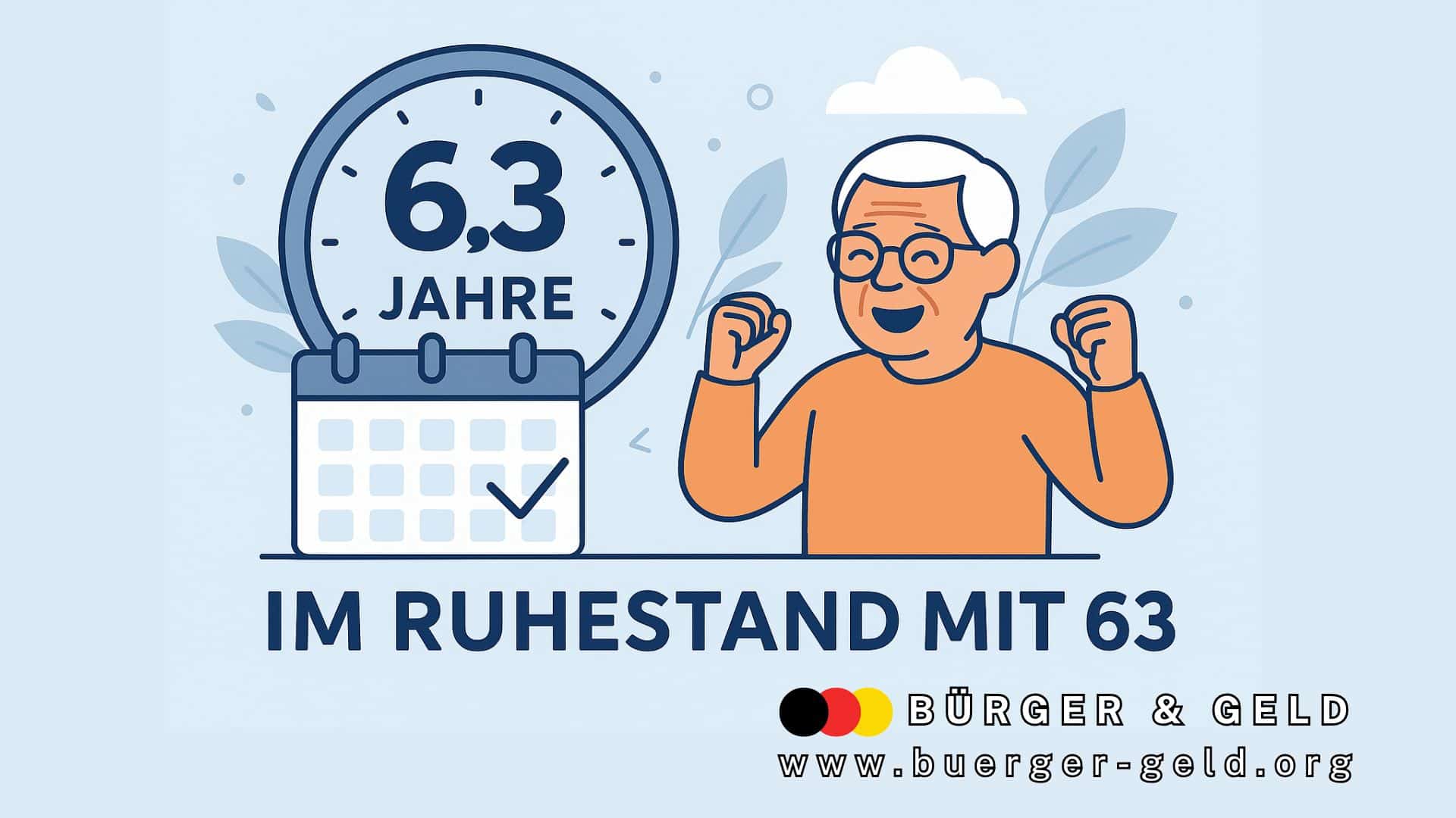 Illustration zum Thema „Rente mit 63“: Eine Personenfigur steht vor einem Kalender und einer großen Uhr, Symbole für den vorzeitigen Ruhestand und den Renteneintritt mit 63 Jahren. Die Gestaltung ist modern und übersichtlich im Querformat.