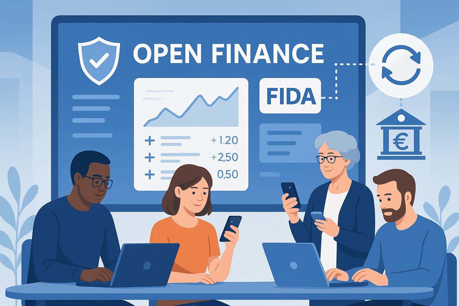 Ein fotorealistisches Bild im Querformat zeigt eine junge Frau am Laptop, die in einer modernen, hellen Wohnung sitzt. Auf dem Bildschirm sind Symbole für Finanzen und Datenschutz zu sehen. Im Hintergrund erkennt man stilisierte EU-Flaggen und digitale Netzwerke, die den sicheren Austausch von Finanzdaten symbolisieren.