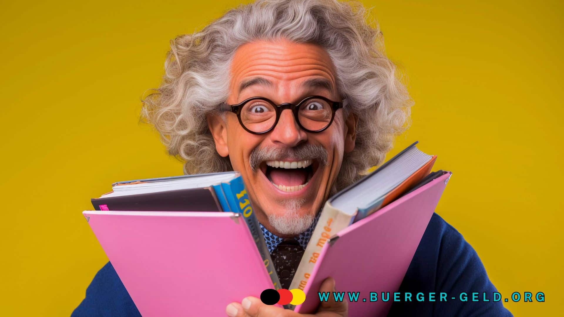 Älterer Mann mit grauen, lockigen Haaren liest mehrere bunte Bücher vor einem gelben Hintergrund.