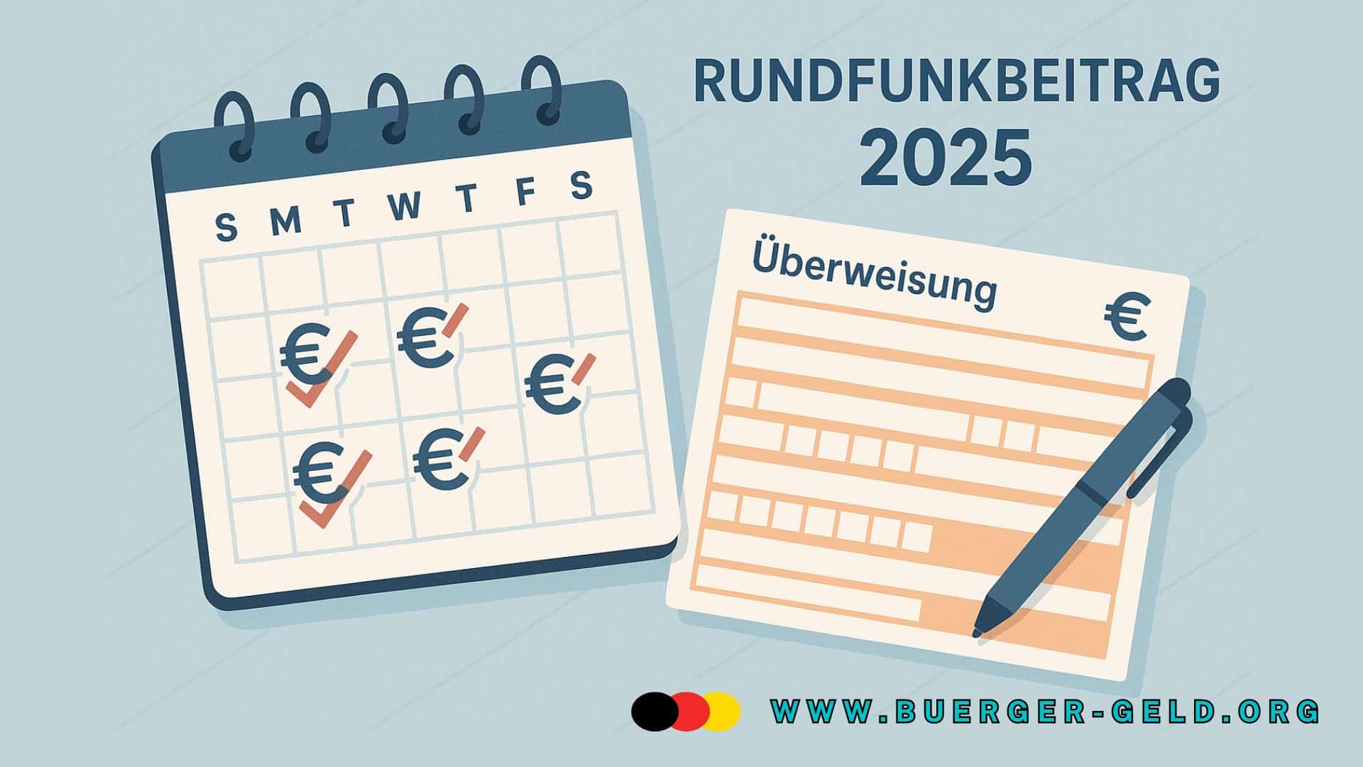 Illustration eines Kalenders und eines Überweisungsformulars, die die Änderungen beim Rundfunkbeitrag 2025 für Überweisungszahler symbolisieren.
