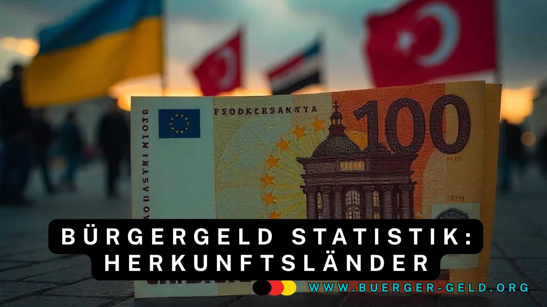 Fiktiver Geldschein mit Flaggen von Ukraine, Türkei usw im Hintergrund