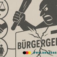 Populistischer Angriff auf das Bürgergeld muss beendet werden 4 gezeichneter Mann mit Knuppel vor Zeichen für Familie, Harmonie und Gerechtigkeit