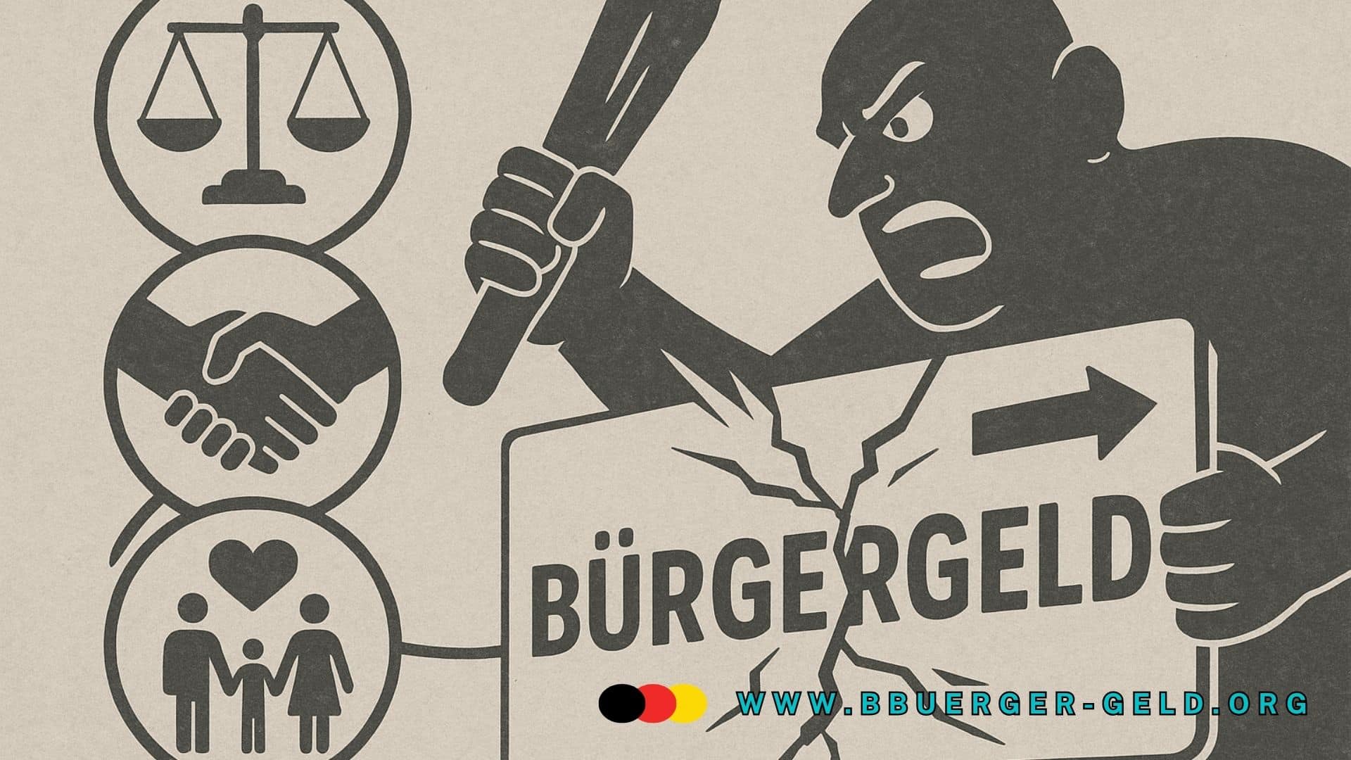 gezeichneter Mann mit Knuppel vor Zeichen für Familie, Harmonie und Gerechtigkeit