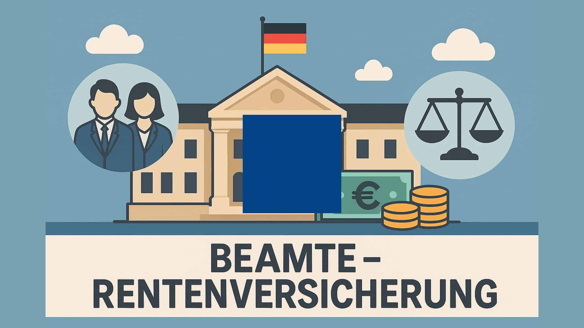 Illustration im Querformat zur Rentenreform-Debatte in Deutschland: Beamte und Symbole wie Euro-Zeichen, Aktenmappen und eine Rentenkasse vor dem Hintergrund des Bundestags. Im Bild steht der Schriftzug „BEAMTE – RENTENVERSICHERUNG“.