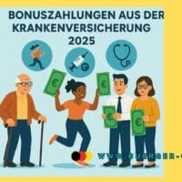Bonuszahlungen von Krankenkassen: So profitieren Versicherte 2025 (auch Rentner und Bürgergeld Bezieher!) 5 Menschen freuen sich und halten Euroscheine hoch - Zeichnung