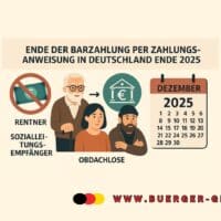 Ende der Bar-Auszahlung sorgt für Unsicherheit: Wer jetzt nicht handelt, könnte bares Geld verlieren 5 Schautafel mit gezeichneten Menschen und Hinweis auf End der Barauszahlung von Rente und Sozialleistungen
