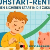 Die Frühstart-Rente – Was ist das und wie funktioniert sie? 5 Zeichnung. Kind am Tisch und stapelt Geldmünzen vor Sparbuch. Pfeil im Hintergrund zeigt nach oben.