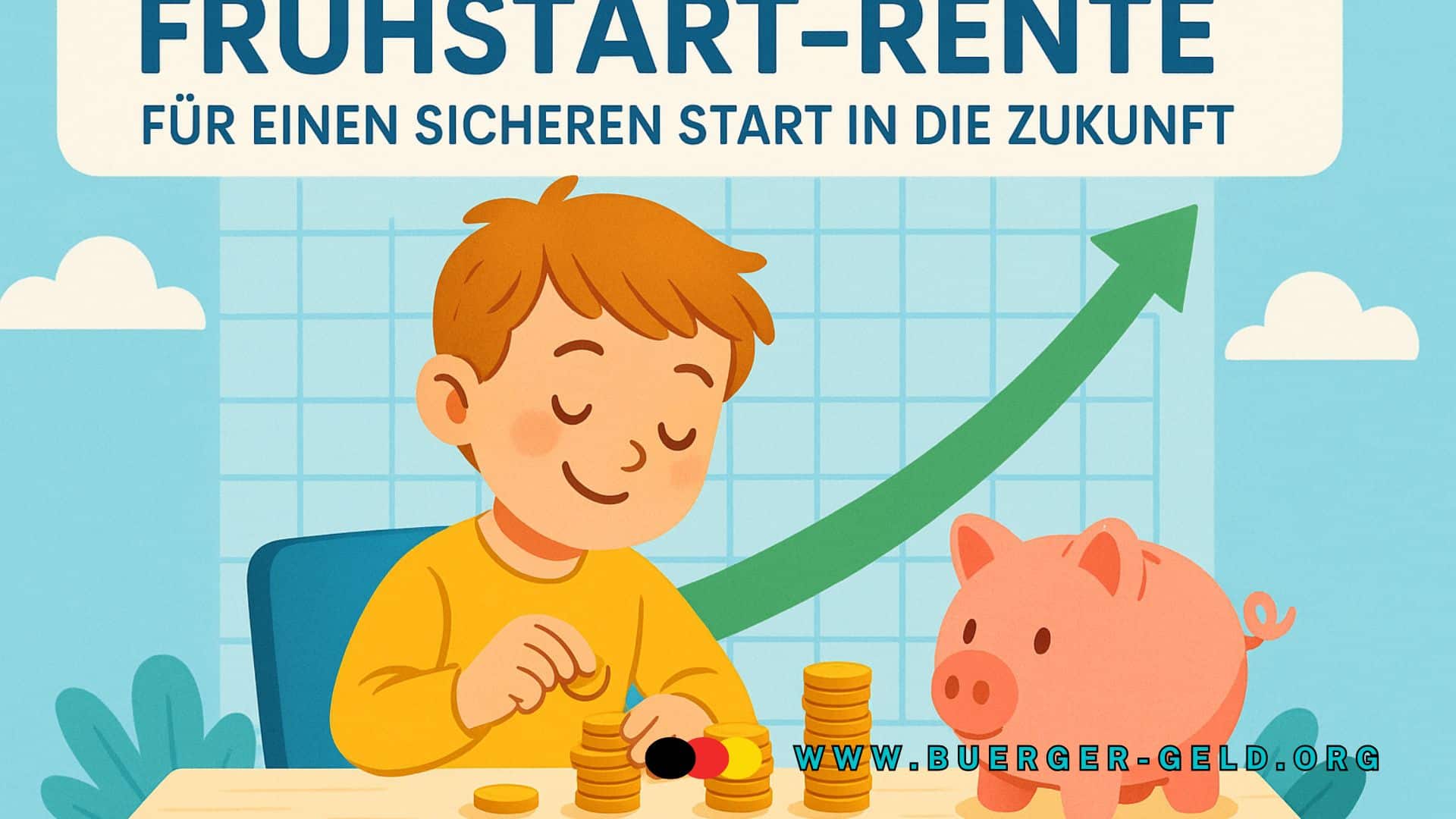 Zeichnung. Kind am Tisch und stapelt Geldmünzen vor Sparbuch. Pfeil im Hintergrund zeigt nach oben.