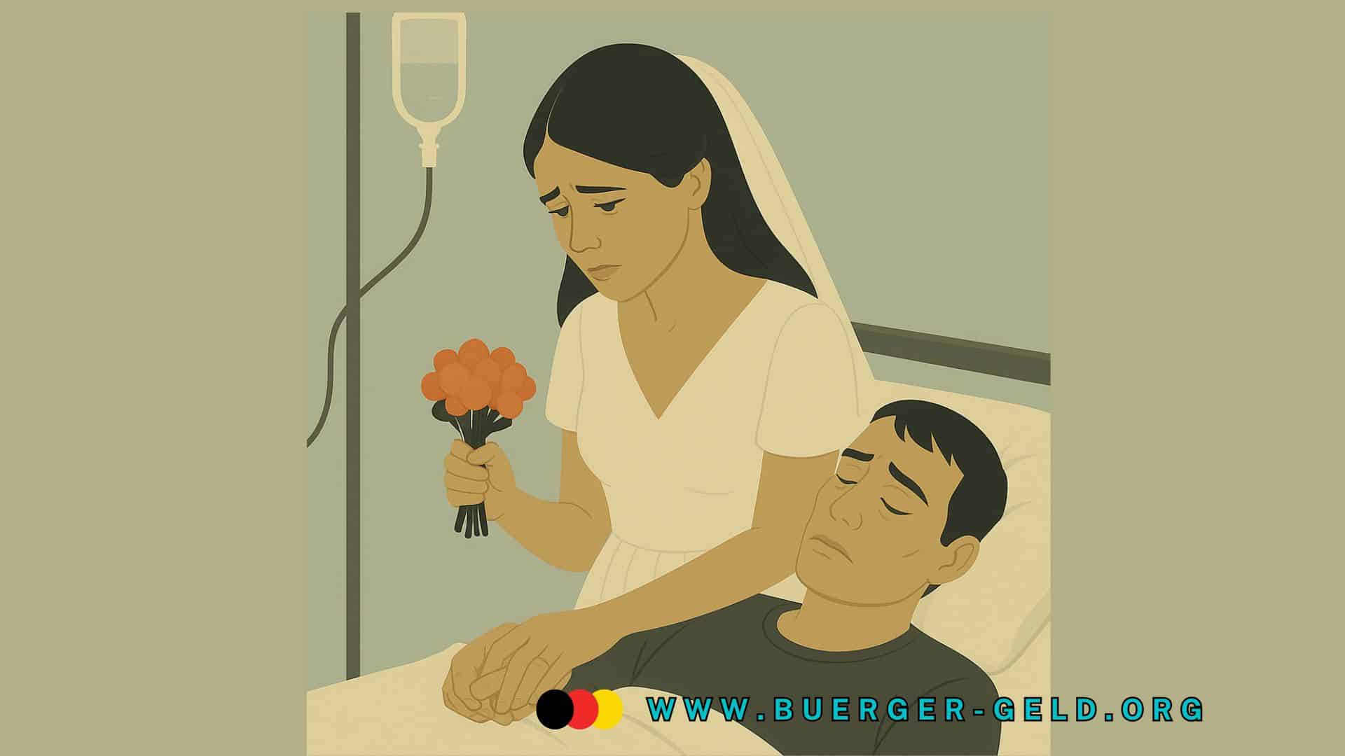 Frau mit Blumenstrauß und Hochzeitskleid am Krankenhausbett des Mannes