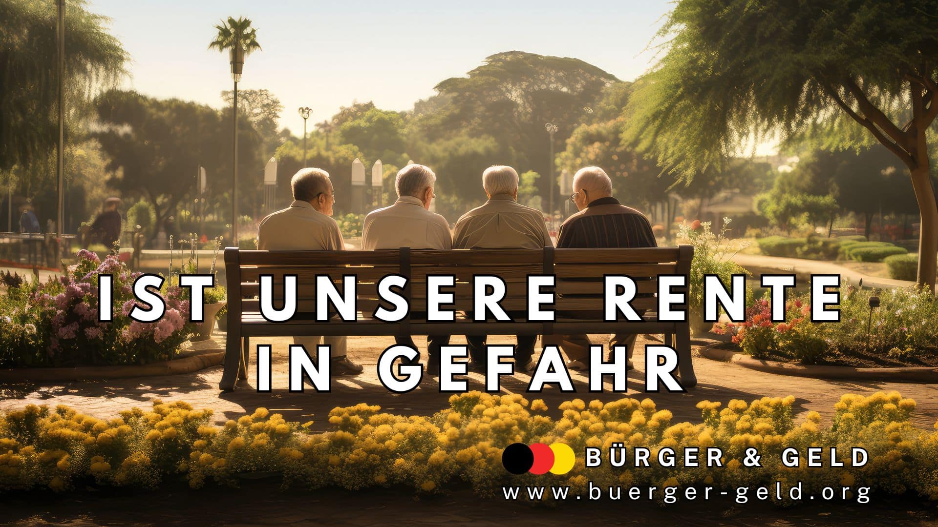 Vier ältere Männer sitzen auf einer Parkbank in einem sonnigen, gepflegten Park und unterhalten sich. Im Vordergrund blühen gelbe Blumen, im Hintergrund sind Bäume und Spaziergänger zu sehen. Im Bild steht in großen Buchstaben: "Ist unsere Rente in Gefahr". Unten rechts befindet sich das Logo von Bürger & Geld sowie die Webadresse www.buerger-geld.org.