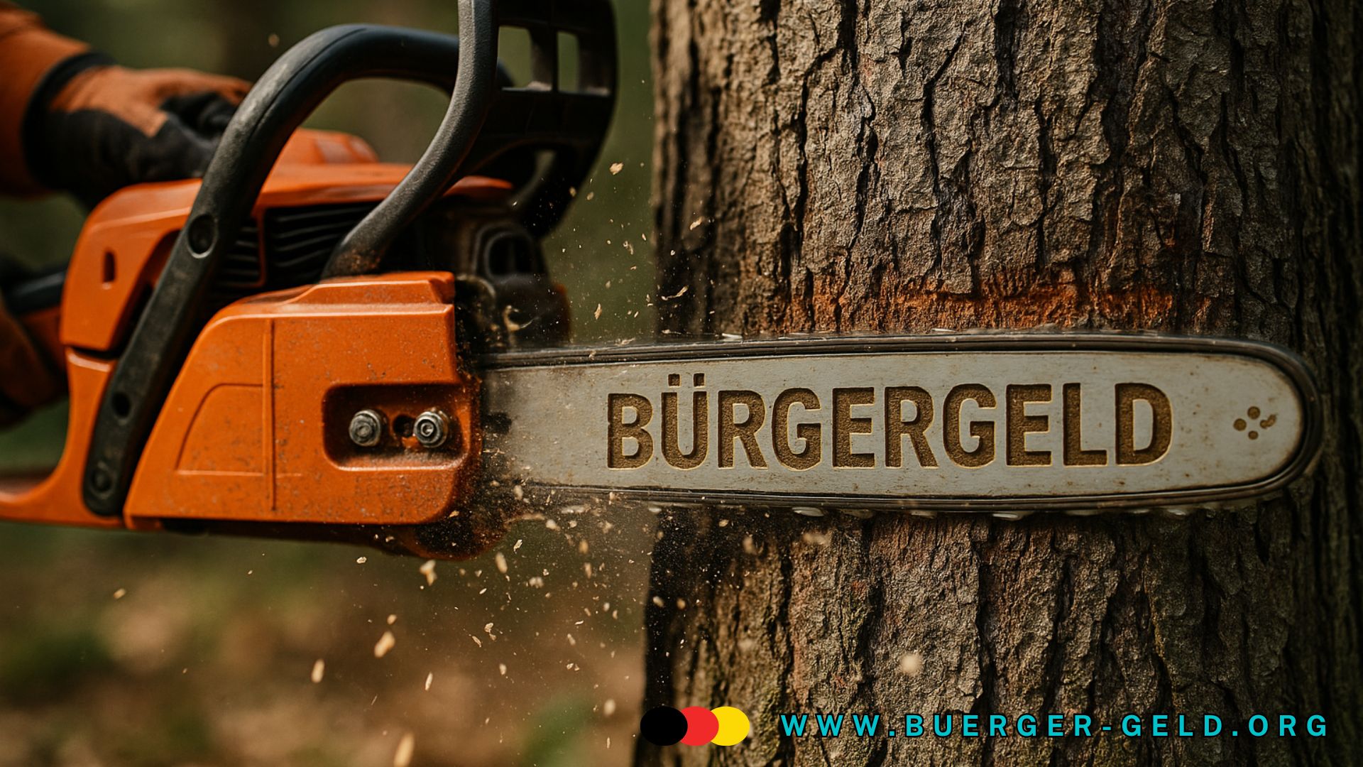 Kettensäge sägt am Baumstamm mit der Aufschrift "Bürgergeld"