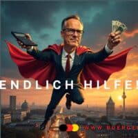 Merz kündigt an: Kürzung bei Bürgergeld, Pflege - Rente? 5 Fliegender Superheld mit Geldnoten und Taschenrechner über Berlin