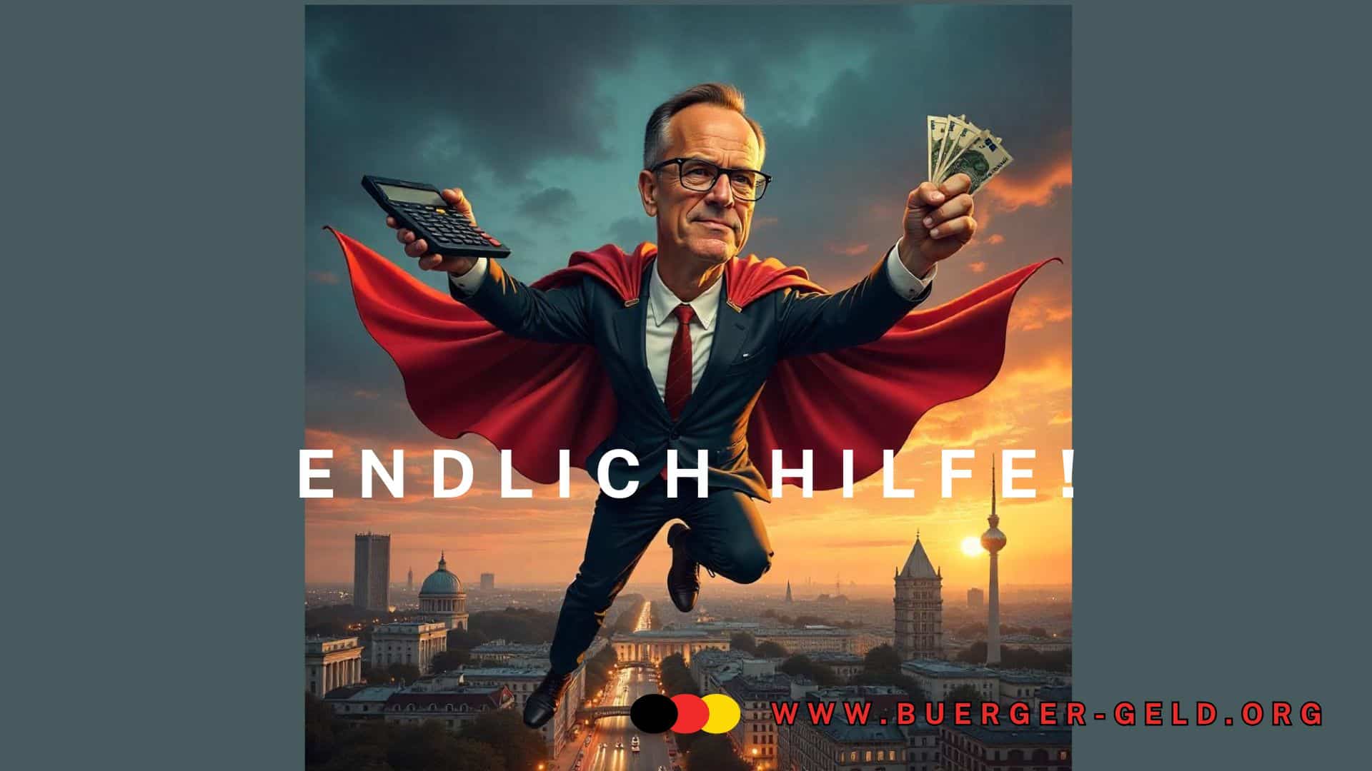 Fliegender Superheld mit Geldnoten und Taschenrechner über Berlin