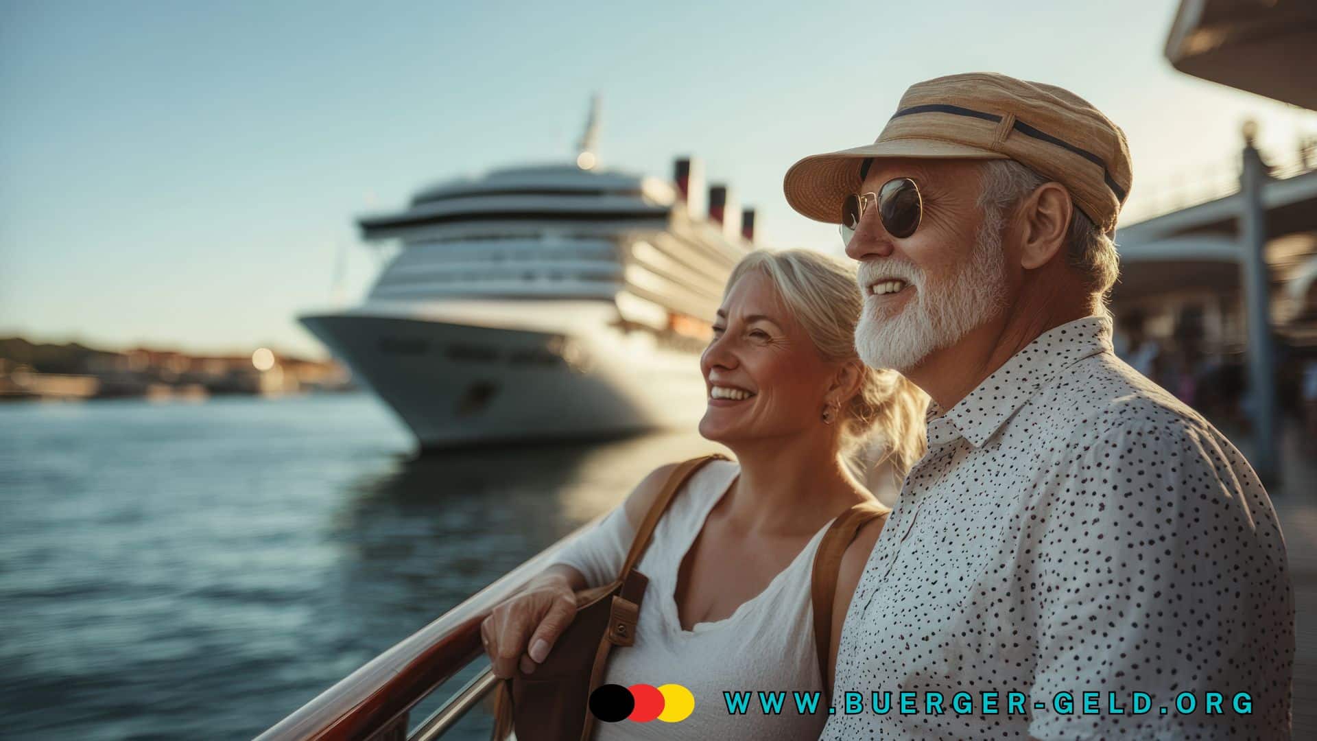 Älteres Paar steht entspannt am Hafen vor einem großen Kreuzfahrtschiff, sonniges Wetter, Urlaubsatmosphäre, maritime Umgebung. Im Vordergrund erkennt man die Hand der Frau am Geländer, beide tragen sommerliche Kleidung und blicken gemeinsam auf das Wasser.