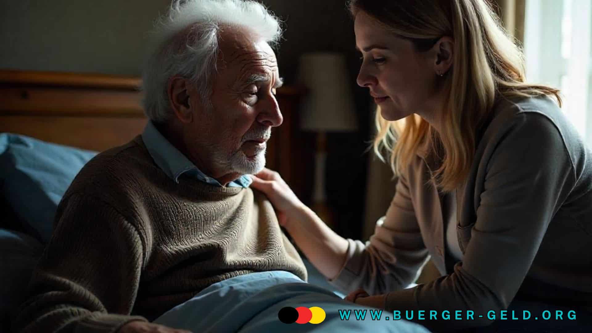 Junge Frau am Bett eines älteren Mann; sie hilft ihm