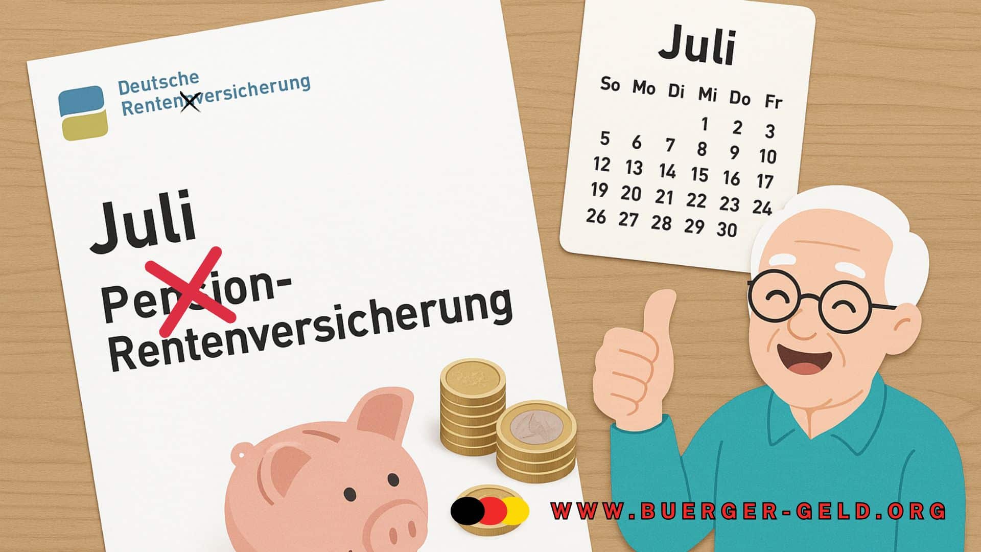 Bild mit Rentner, der sich freut und Papier auf dem Rentenbescheid steht