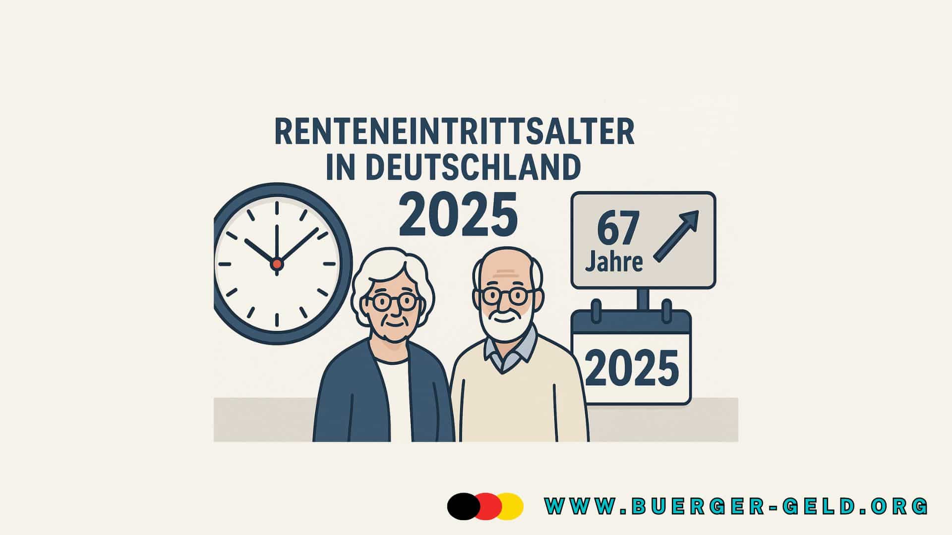 Schaubild mit Uhr und Rentnerpaar zur Anhebung des Renteneintrittalters