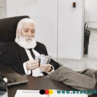 Steuer- und abgabenfrei hinzuverdienen im Ruhestand: Ihre Möglichkeiten 2025 5 Älterer Mann mit weißem Bart sitzt entspannt im Anzug im Büro, hält mehrere 100-Euro-Scheine in der Hand und hat die Füße auf dem Schreibtisch. Auf dem Tisch liegen ein Laptop und Büromaterialien, im Hintergrund ist ein modernes Büro zu sehen.