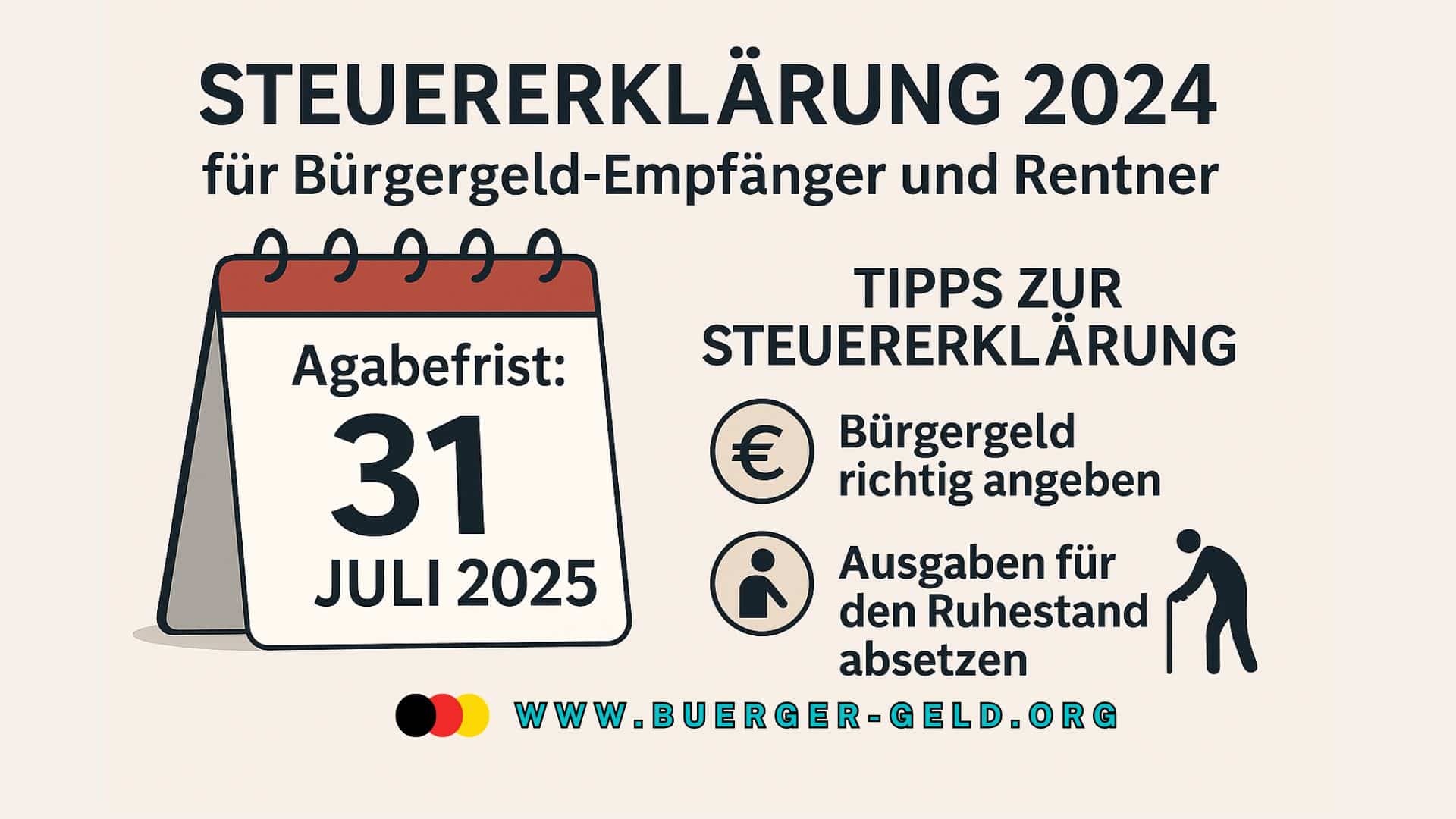 Illustration zur Steuererklärung 2024: Zwei Personen – ein Rentner und eine Bürgergeld-Empfängerin – sitzen an einem Tisch mit Unterlagen, Laptop und Formularen. Im Hintergrund sind Symbole für Steuern, Kalender mit dem Datum 31. Juli 2025 und das Wort „Steuererklärung“ auf Deutsch zu sehen. Das Bild vermittelt den Fokus auf die Abgabefrist und die Zielgruppen Rentner sowie Bürgergeld-Empfänger.
