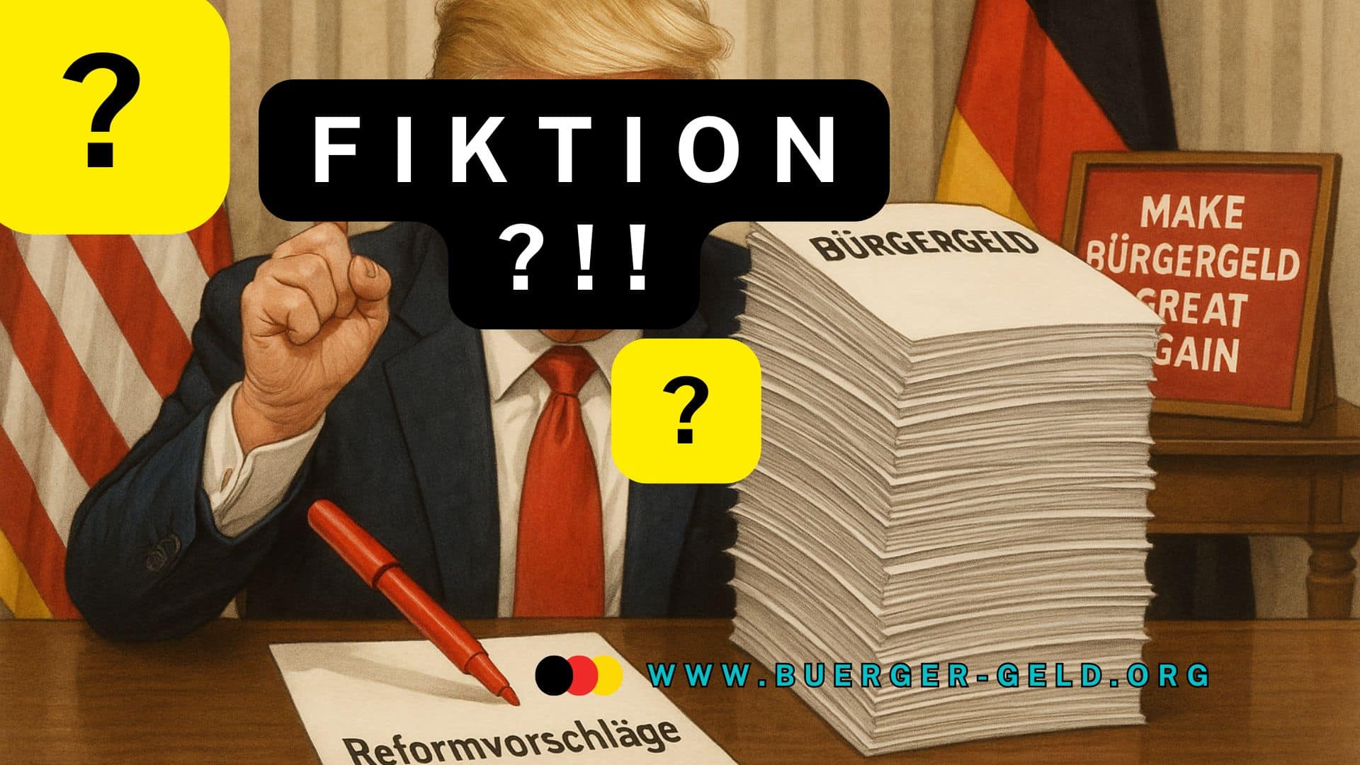 Mann am Schreibtisch, der Donald Trump sein könnte, mit Aktenstapel mit Aufschrift Bürgergeld