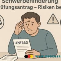 Höherer GdB beantragt – Schwerbehindertenstatus verloren? Versteckte Risiken beim Überprüfungsantrag 5 Zeichnung mit besorgtem Mann am Tisch, der einen Atrag vor sich hat